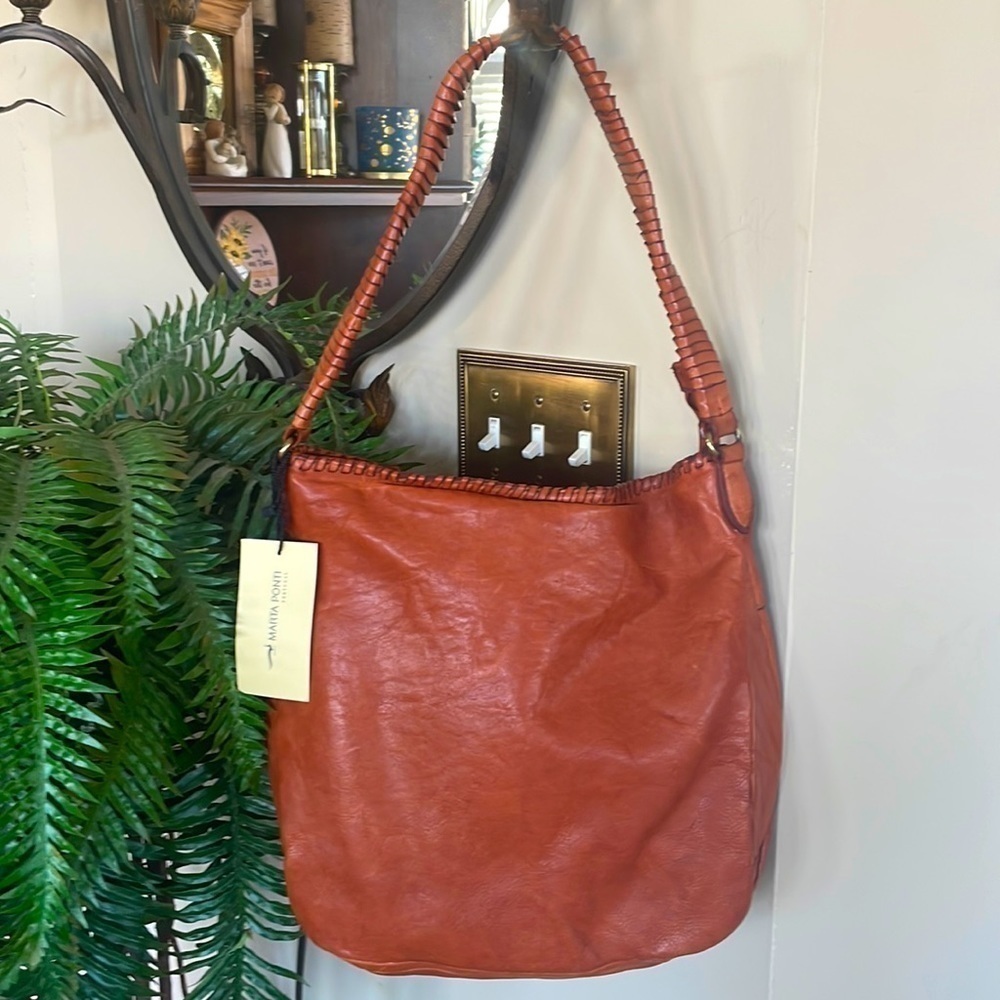 Leather Hobo Shoulder Bag in Burnt Orange